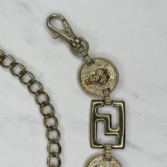 Vintage Gold Tone Greek Key Lion Head Medallion Chain Link Belt Small S Medium M main image 7